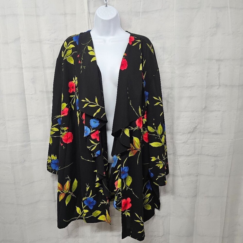 Vintage Kari's Korner Black Red Kimono Floral Retro Cottage Boho Open XL+